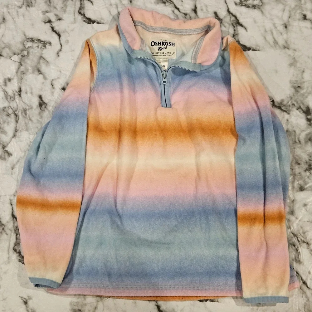 OshKosh B'gosh Kids Girls 10 Fleece Pullover Pastel Rainbow Striped Quarter Zip